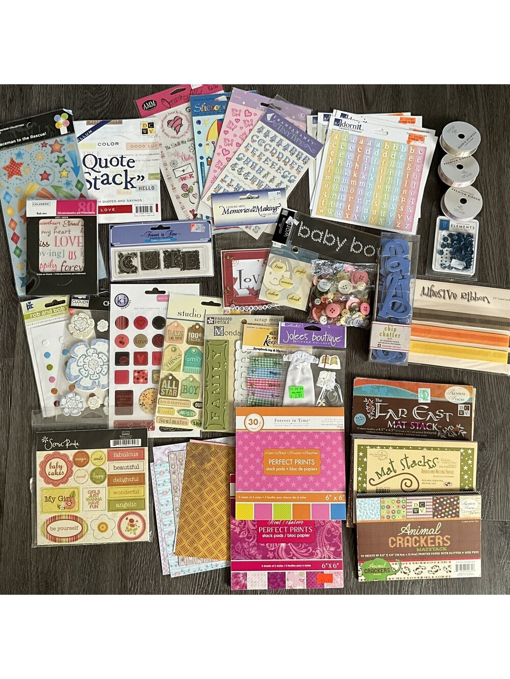 Junk Journal Supplies Lot Stickers Buttons Matting Paper Rub-ons Ribbon Brads